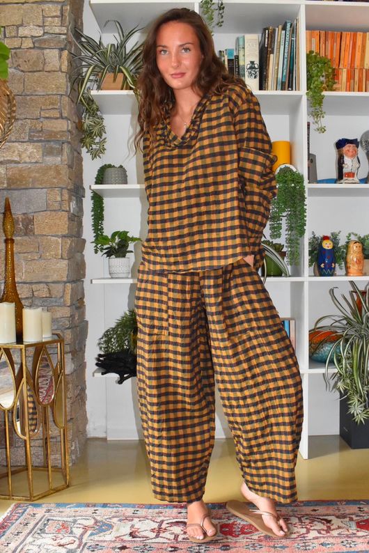Bibi Gingham Frill Neck Shirt Ochre
